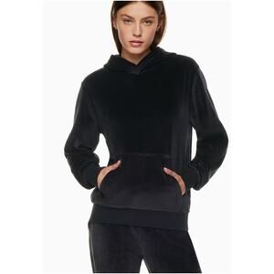 TNA Aritzia Velour Pullover Hoodie Black Charcoal Kangaroo Pocket Womens Large